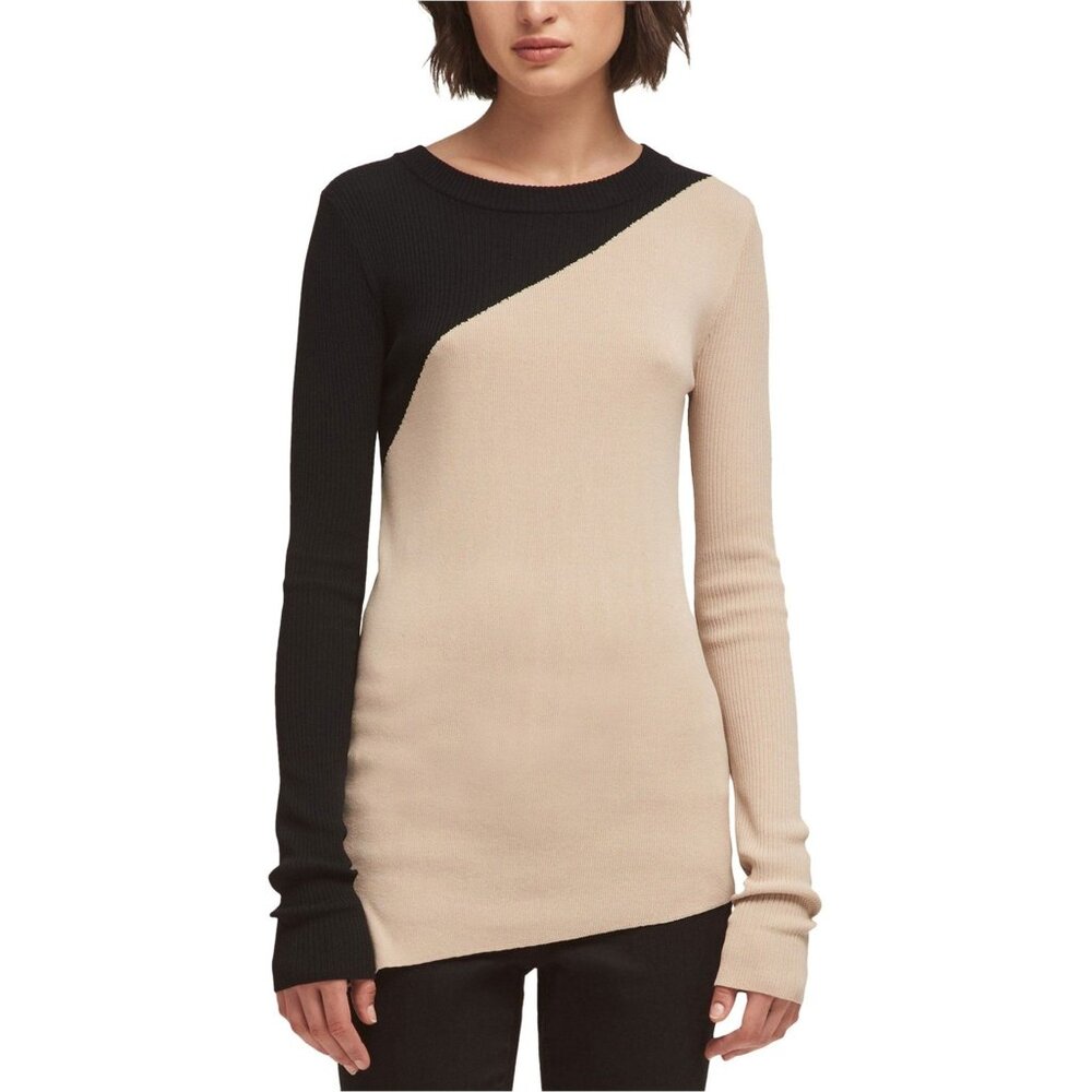 DKNY Sweater Womens Medium Colorblocked Pullover Beige Black Long Sleeve Ribbed